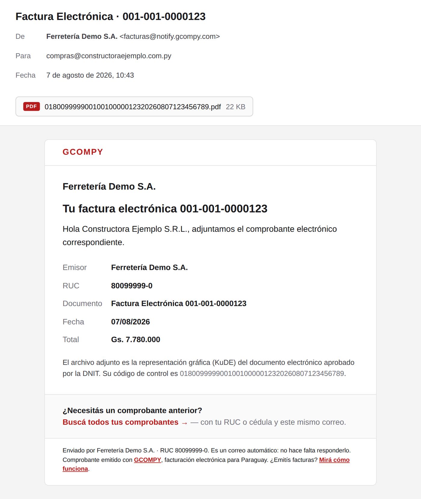 Correo recibido por el cliente con el KuDE en PDF adjunto: el remitente es la empresa emisora y el asunto lleva el número de la factura al final