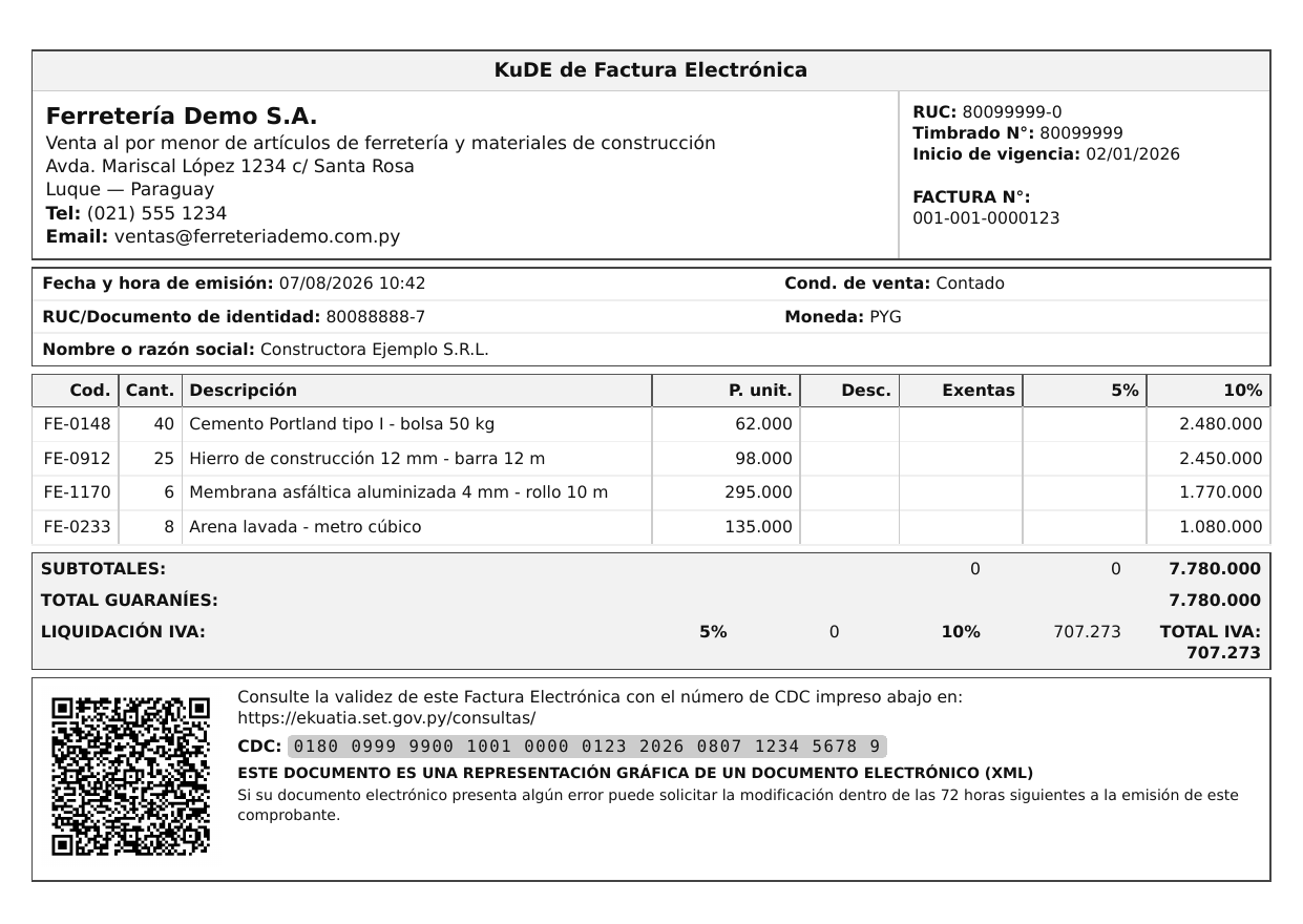 Primera página del KuDE en PDF: datos del emisor, del receptor, el detalle de los artículos, la liquidación del IVA, el código QR y el CDC