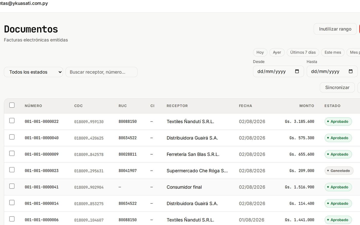Portal de facturación electrónica de GCOMPY con las facturas emitidas y su estado en SIFEN