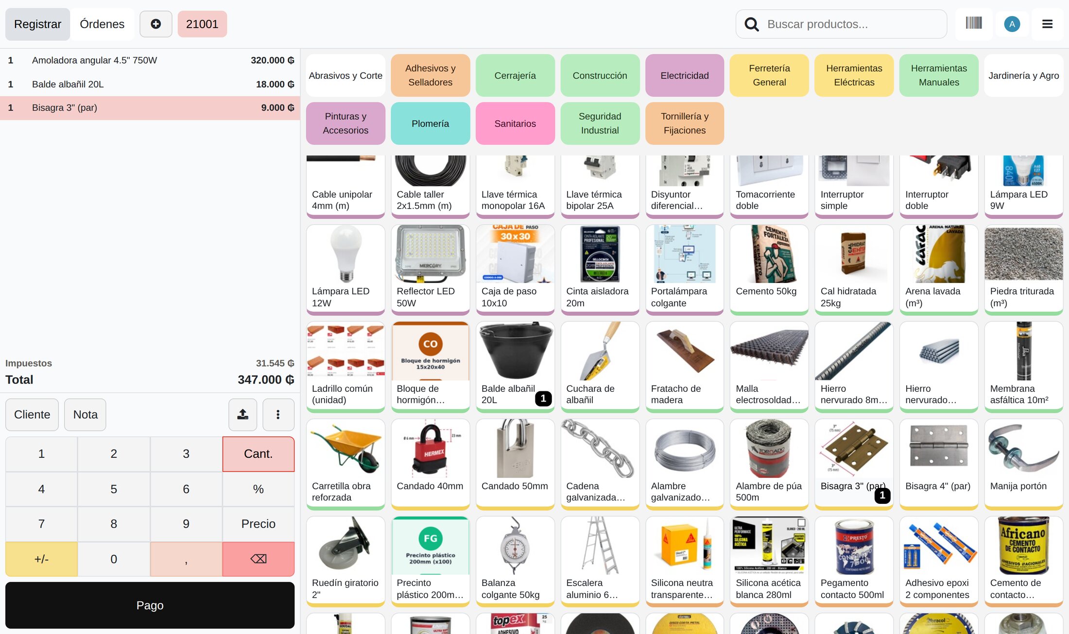 Punto de venta de una ferretería: categorías de colores, productos con fotos y el total de la venta