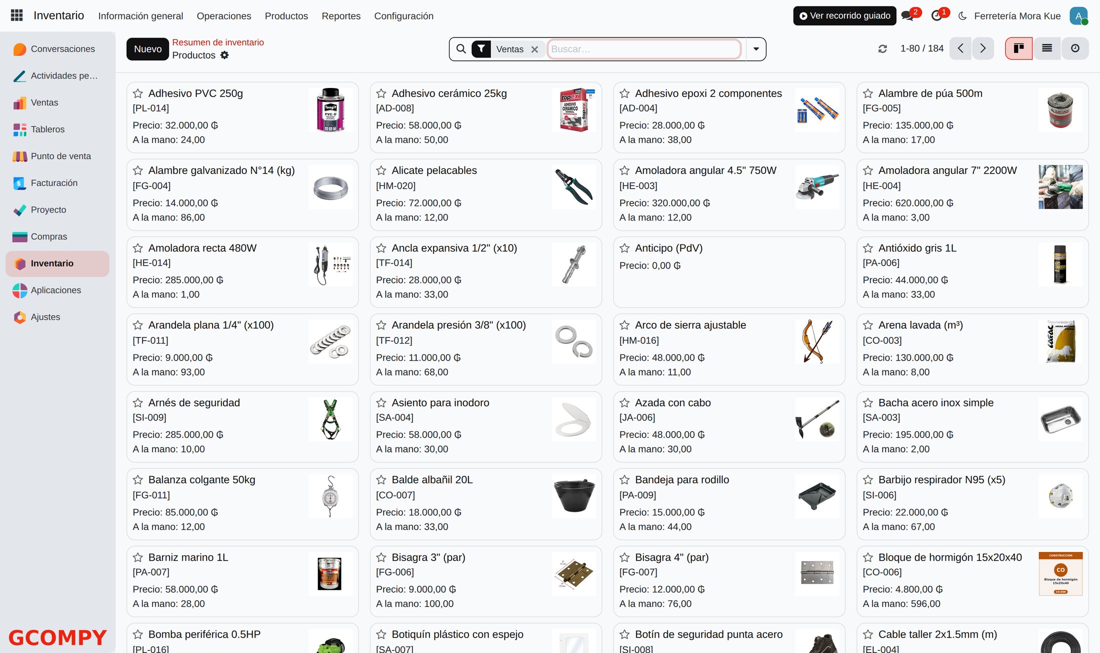 Catálogo de productos con imágenes, código, precio y existencias